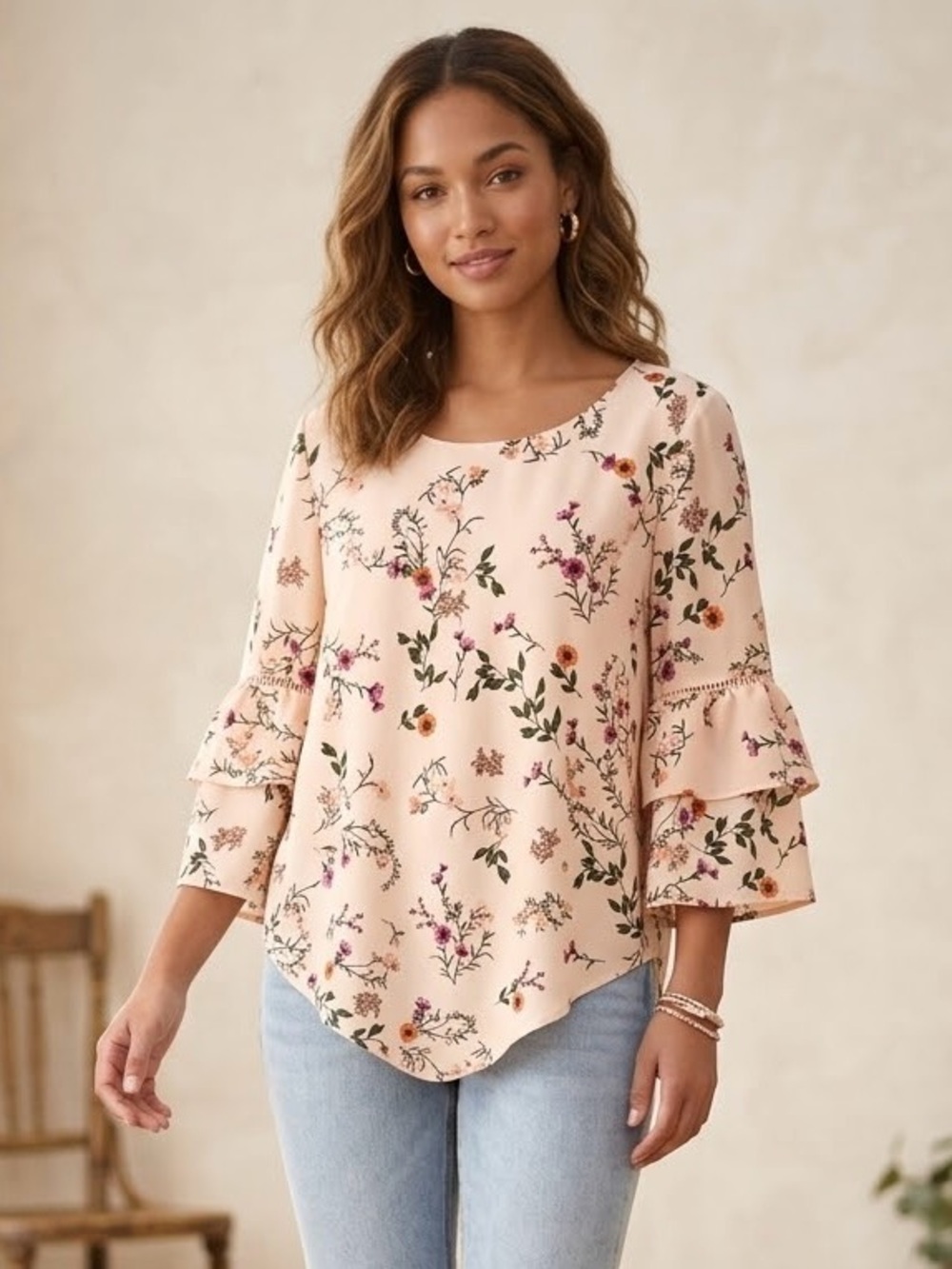 Alfani Floral Ruffle-Sleeve Top — Blush Pink